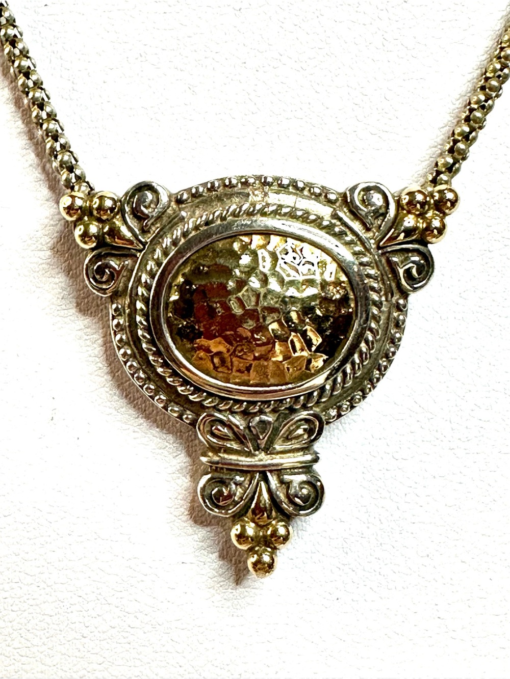 AE 925 Silver & 14k Gold Byzatine 18” Chain & Hammered Pendant